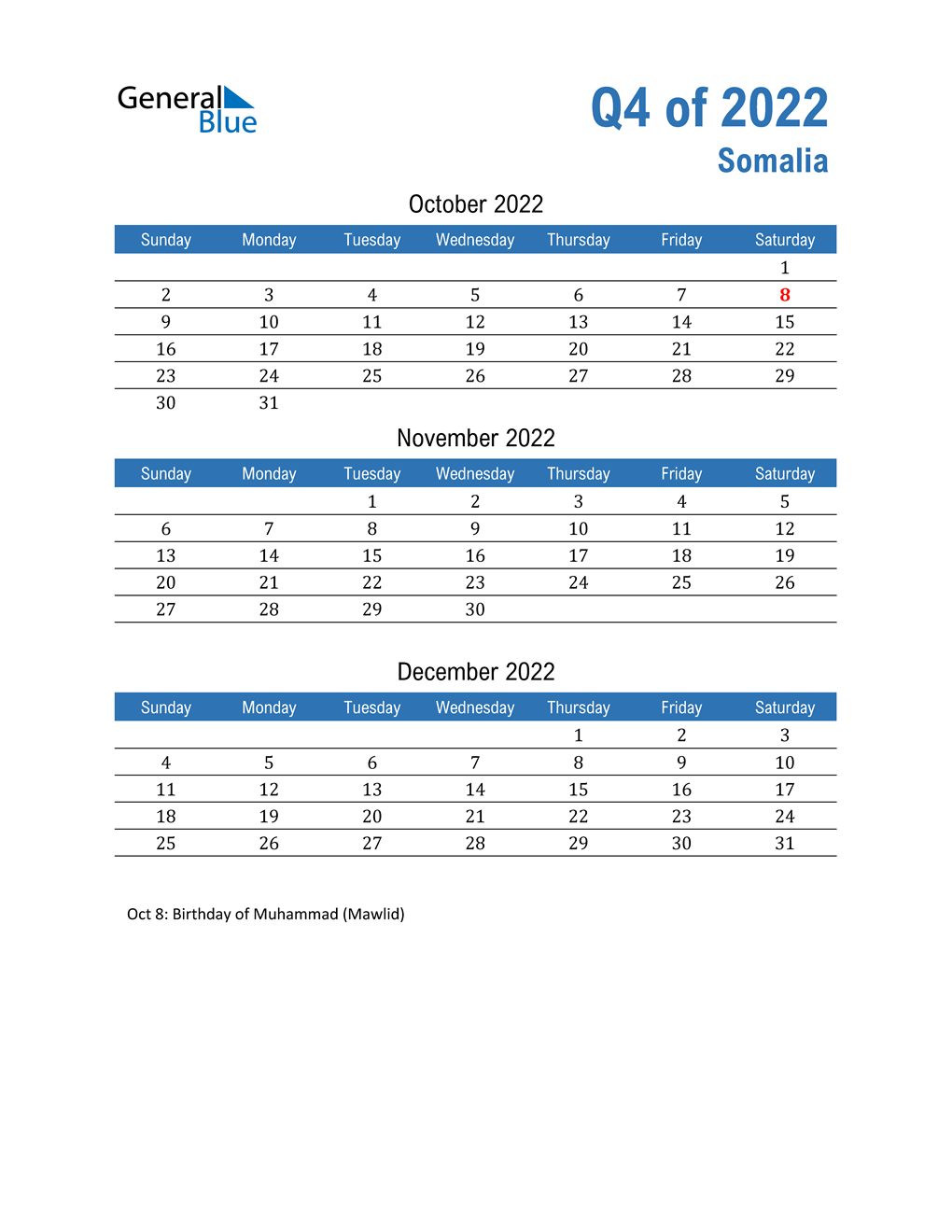  Somalia 2022 Quarterly Calendar 