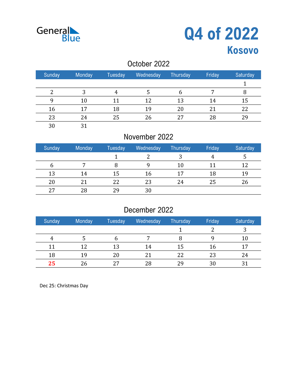  Kosovo 2022 Quarterly Calendar 