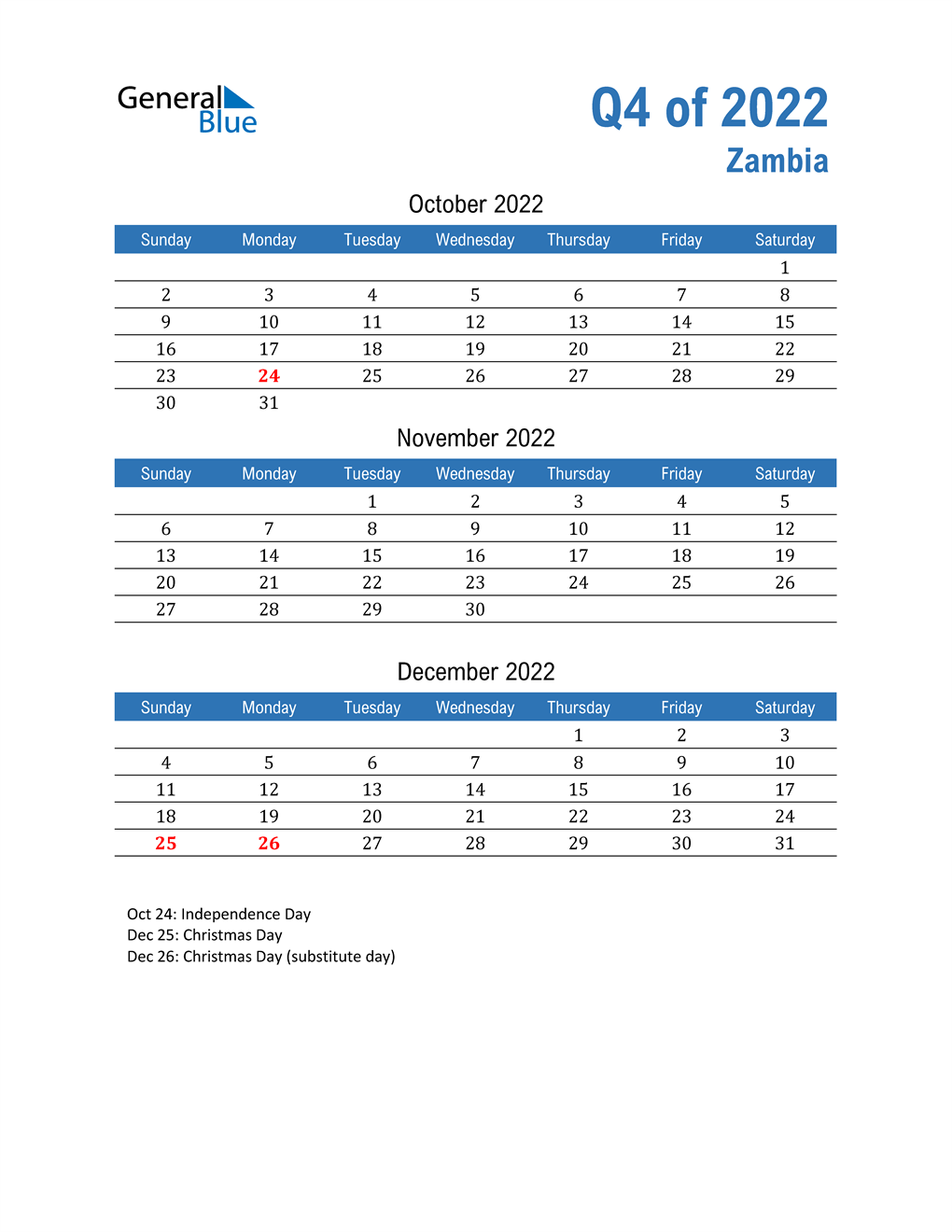  Zambia 2022 Quarterly Calendar 