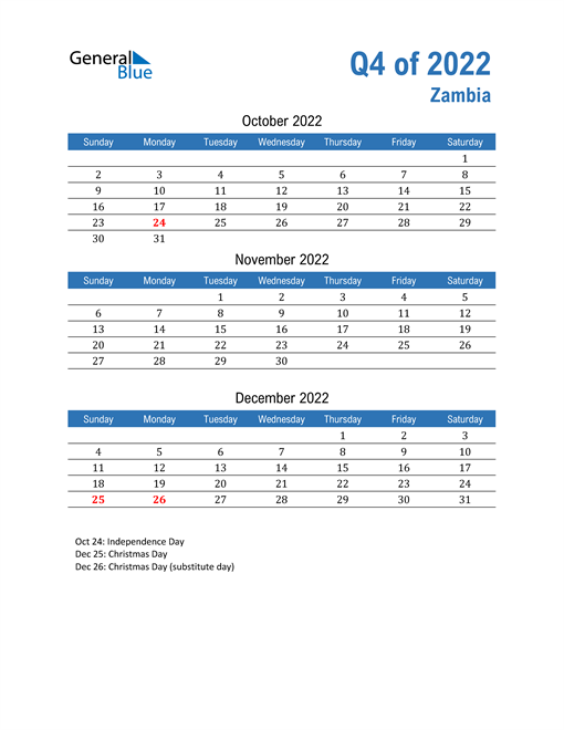  Zambia 2022 Quarterly Calendar 