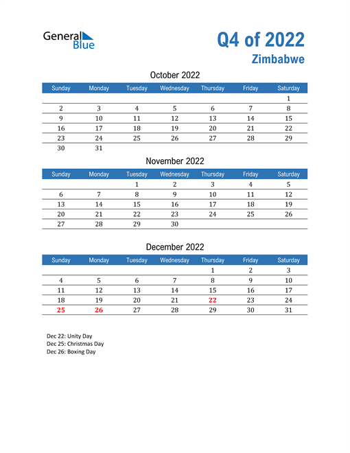  Zimbabwe 2022 Quarterly Calendar 