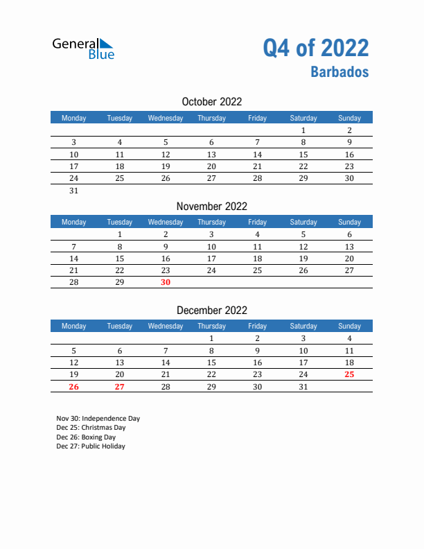 Barbados 2022 Quarterly Calendar with Monday Start