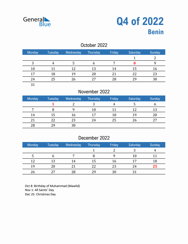 Benin 2022 Quarterly Calendar with Monday Start