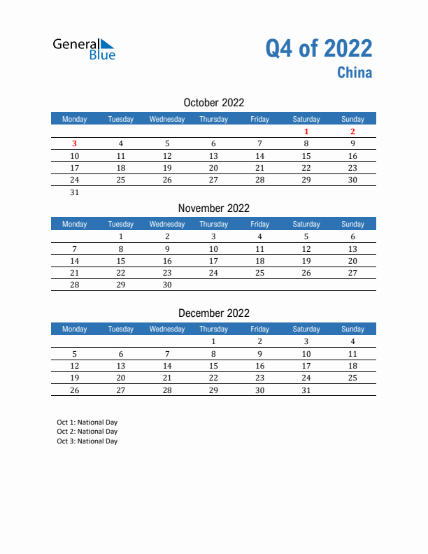 China 2022 Quarterly Calendar with Monday Start