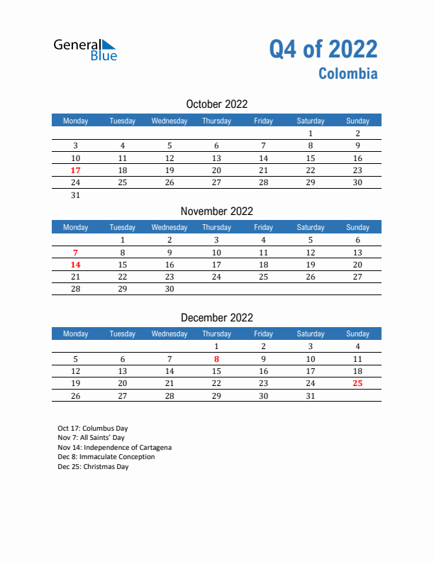 Colombia 2022 Quarterly Calendar with Monday Start