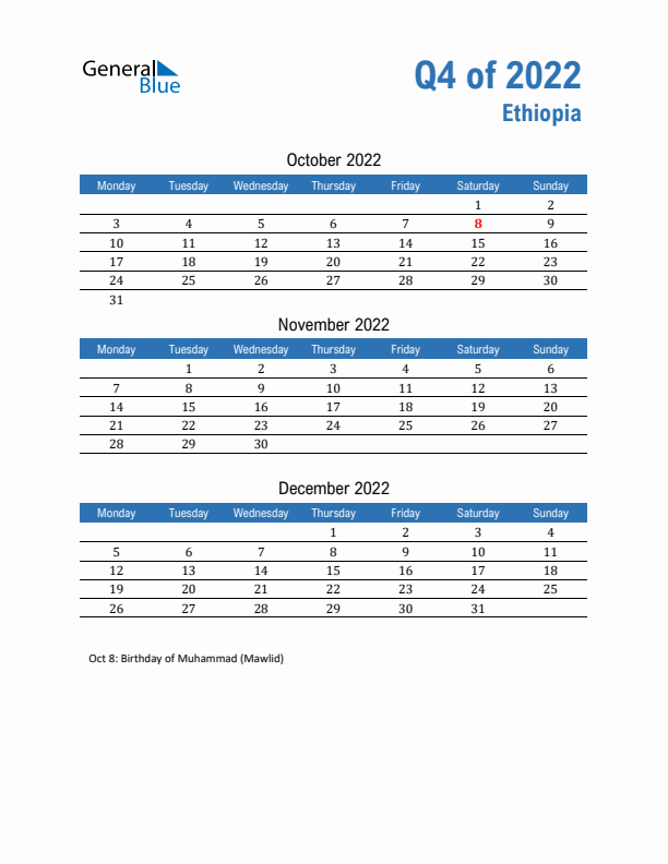 Ethiopia 2022 Quarterly Calendar with Monday Start