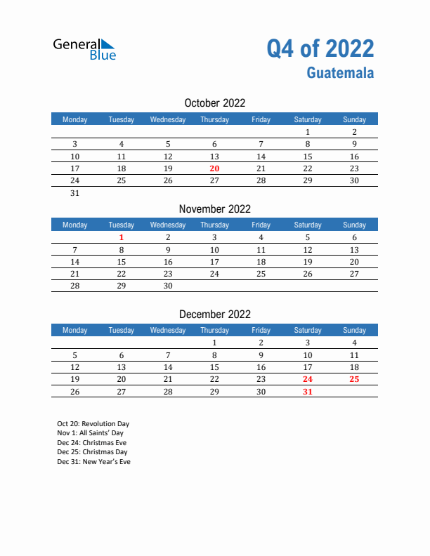 Guatemala 2022 Quarterly Calendar with Monday Start
