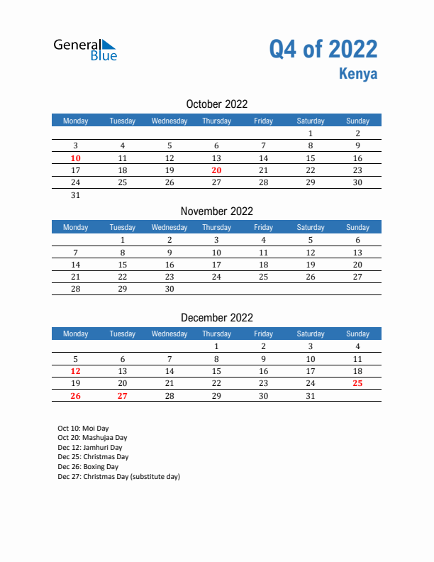 Kenya 2022 Quarterly Calendar with Monday Start