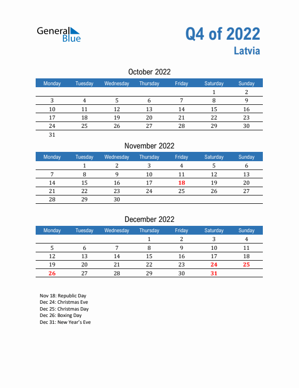 Latvia 2022 Quarterly Calendar with Monday Start