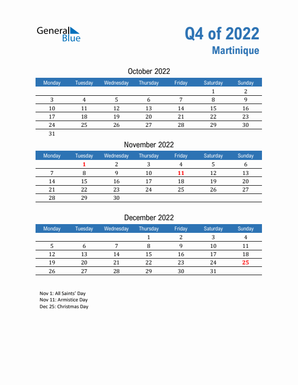 Martinique 2022 Quarterly Calendar with Monday Start