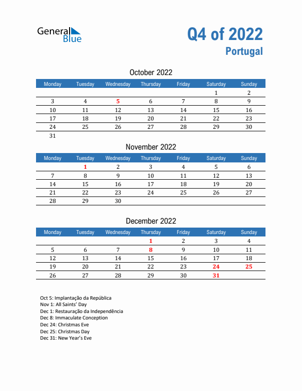 Portugal 2022 Quarterly Calendar with Monday Start