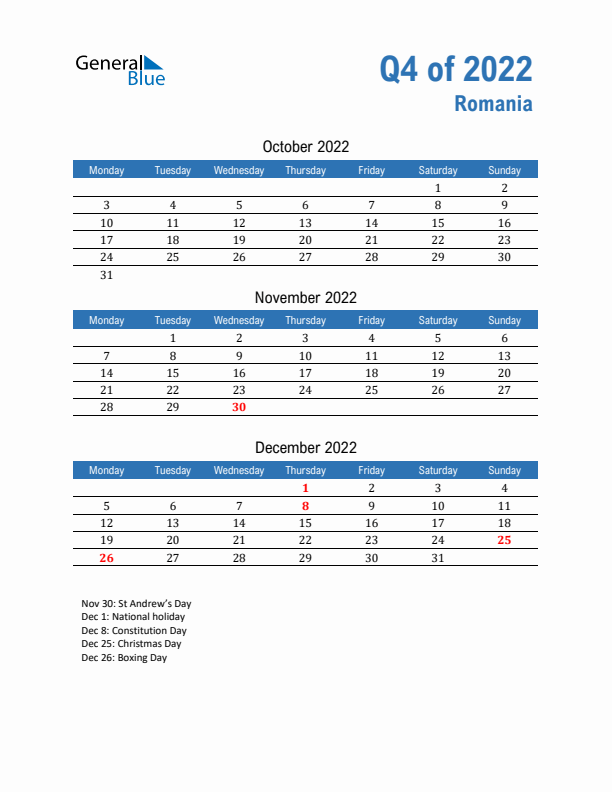 Romania 2022 Quarterly Calendar with Monday Start