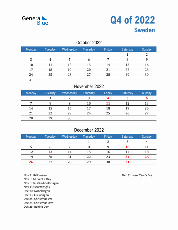 Sweden 2022 Quarterly Calendar with Monday Start