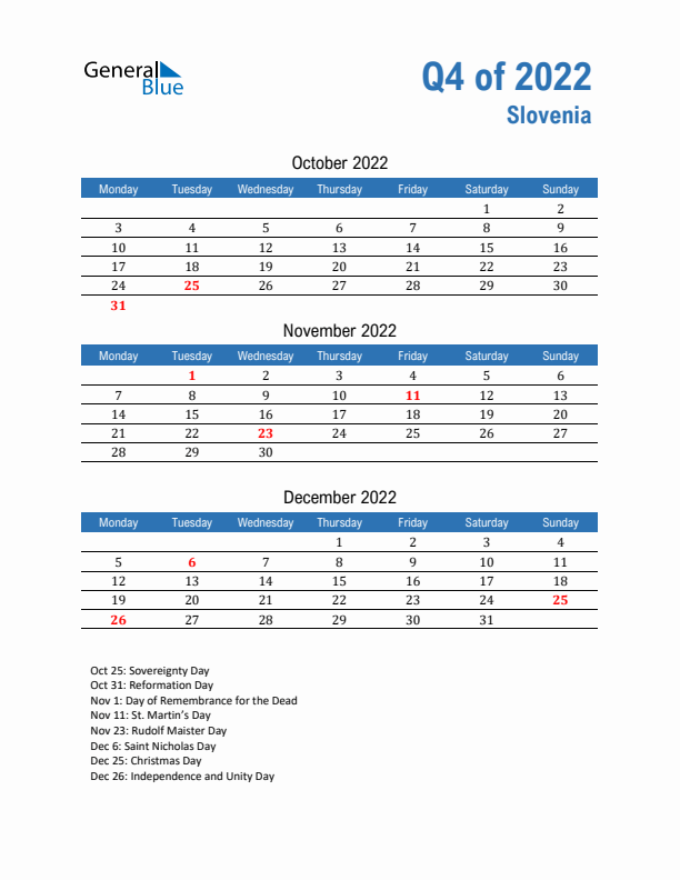 Slovenia 2022 Quarterly Calendar with Monday Start