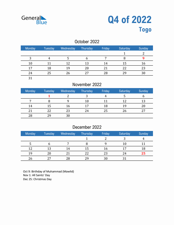 Togo 2022 Quarterly Calendar with Monday Start