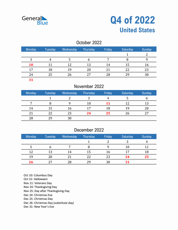 United States 2022 Quarterly Calendar with Monday Start