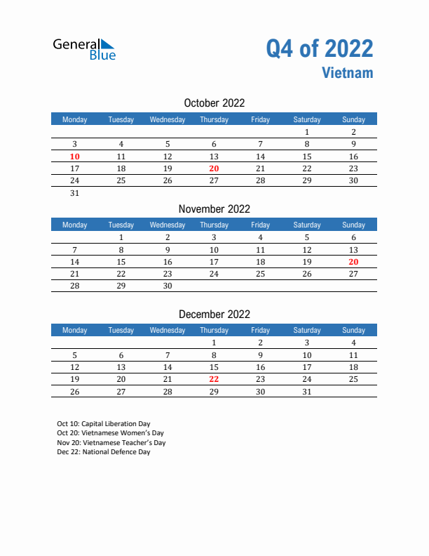 Vietnam 2022 Quarterly Calendar with Monday Start