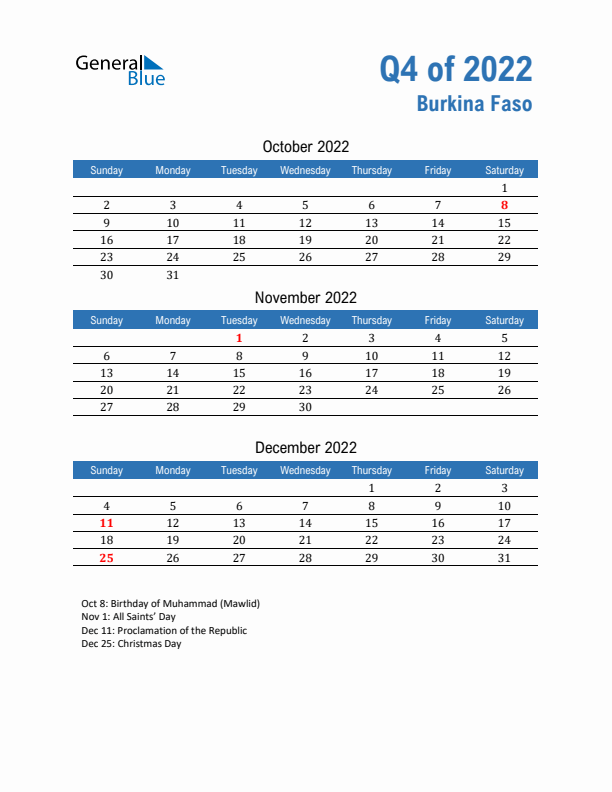 Burkina Faso 2022 Quarterly Calendar with Sunday Start