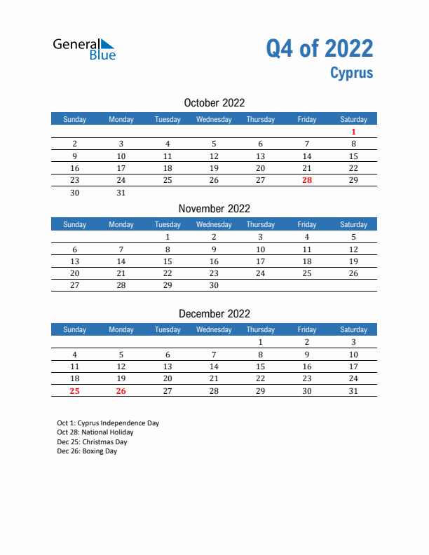 Cyprus 2022 Quarterly Calendar with Sunday Start