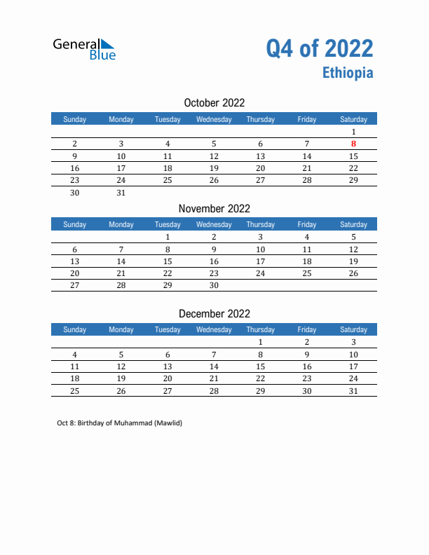 Ethiopia 2022 Quarterly Calendar with Sunday Start