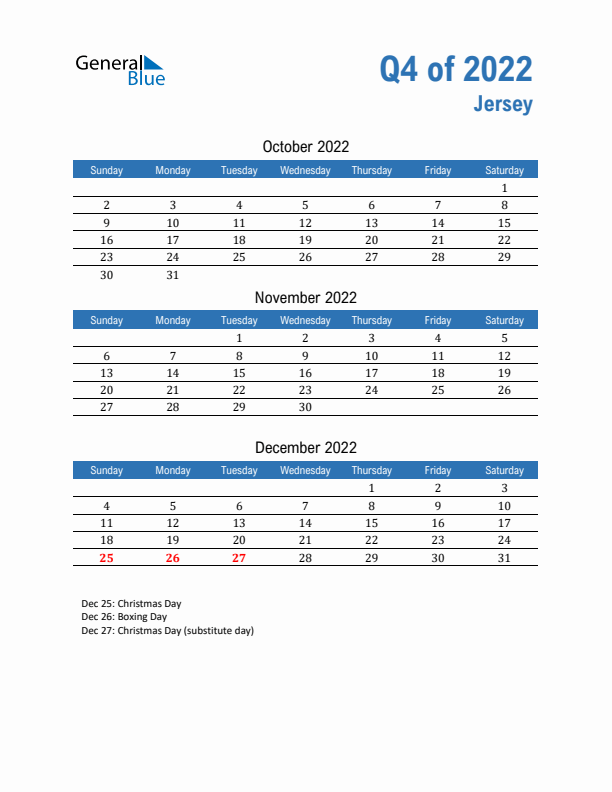 Jersey 2022 Quarterly Calendar with Sunday Start
