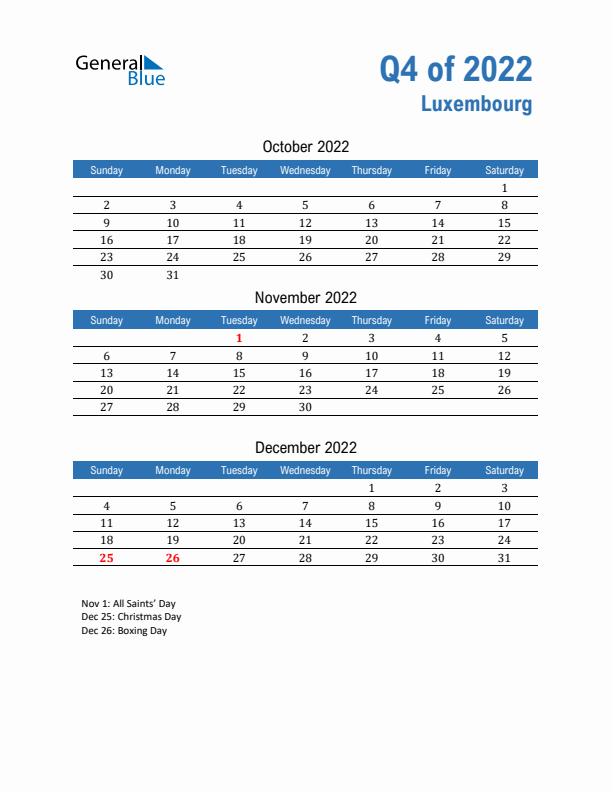 Luxembourg 2022 Quarterly Calendar with Sunday Start
