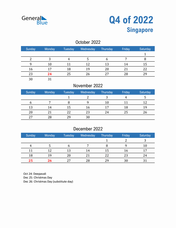 Singapore 2022 Quarterly Calendar with Sunday Start
