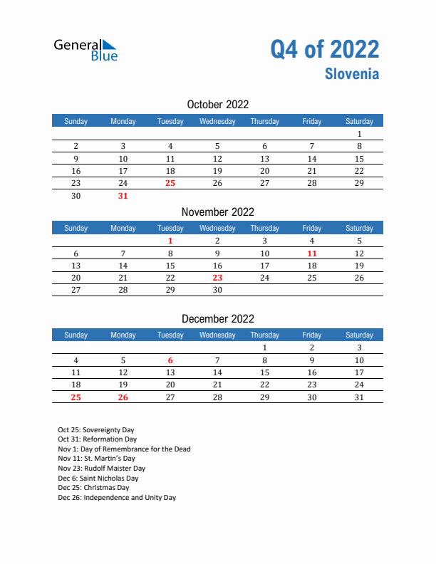 Slovenia 2022 Quarterly Calendar with Sunday Start