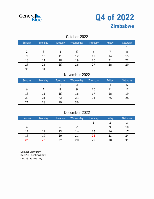 Zimbabwe 2022 Quarterly Calendar with Sunday Start
