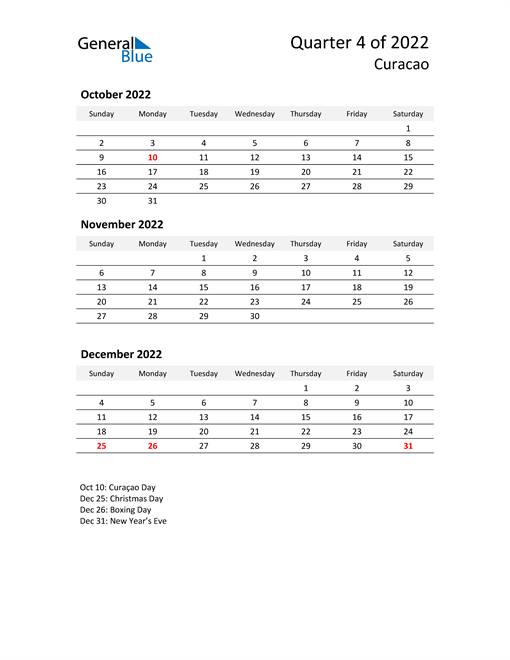  2022 Three-Month Calendar for Curacao