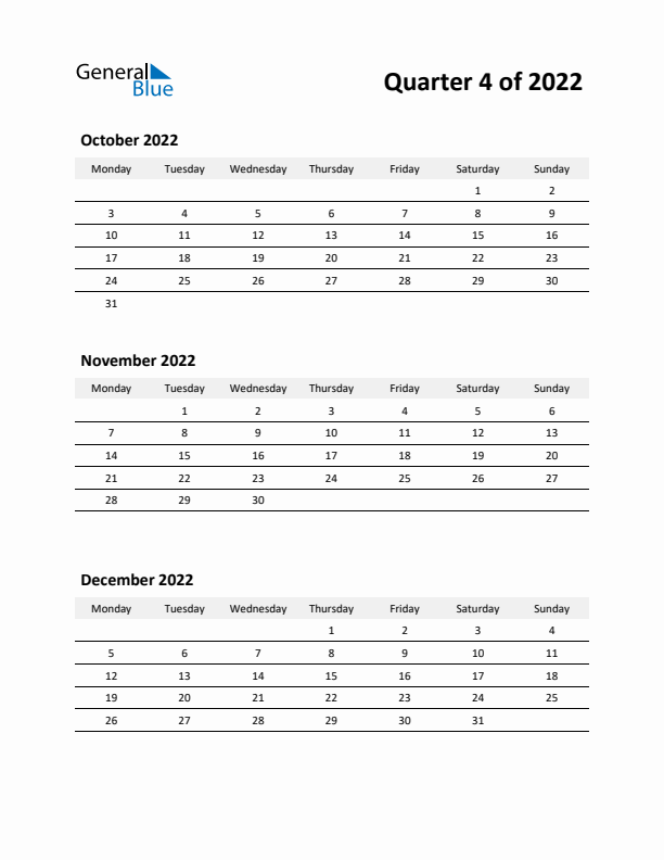 2022 Three-Month Calendar (Quarter 4)