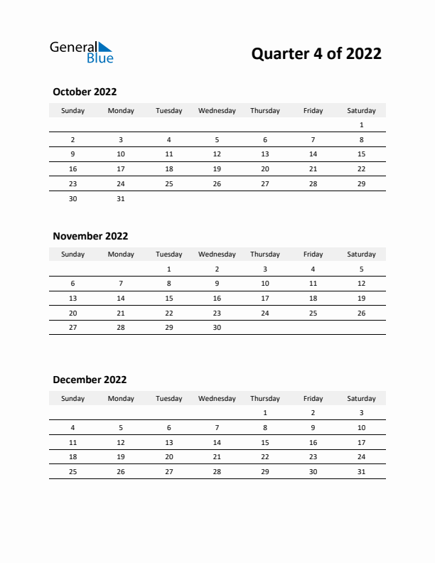 2022 Three-Month Calendar (Quarter 4)