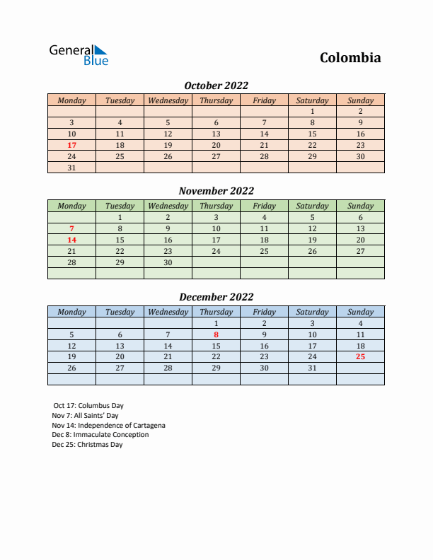 Q4 2022 Holiday Calendar - Colombia