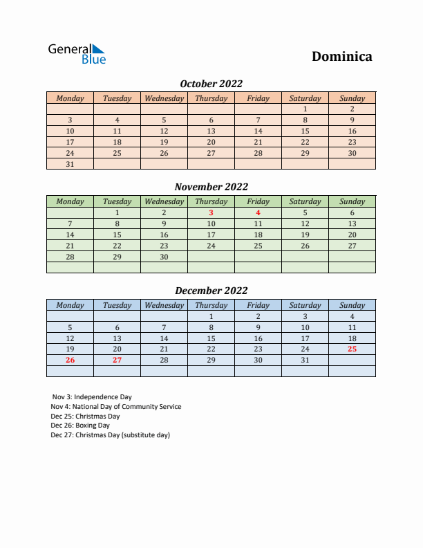 Q4 2022 Holiday Calendar - Dominica