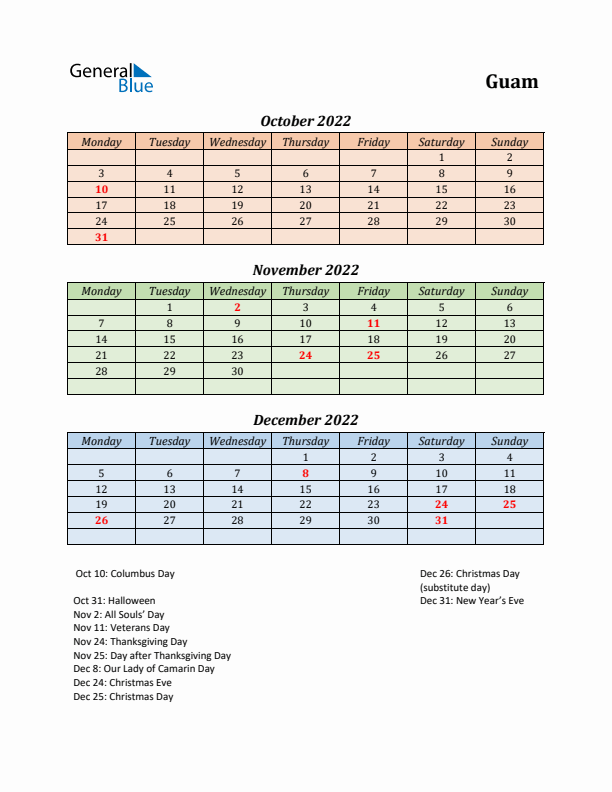 Q4 2022 Holiday Calendar - Guam