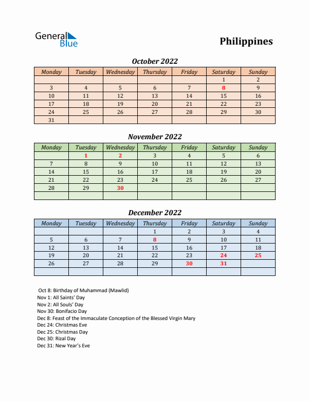 Q4 2022 Holiday Calendar - Philippines