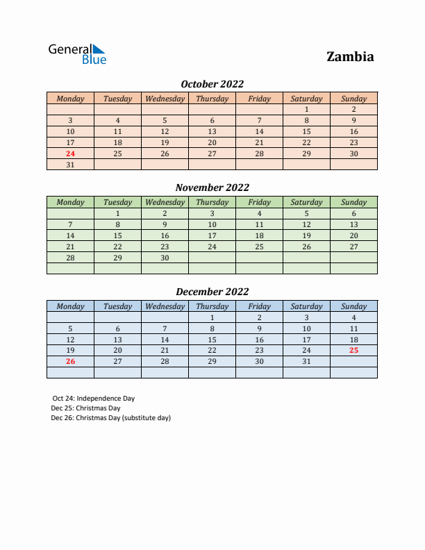 Q4 2022 Holiday Calendar - Zambia
