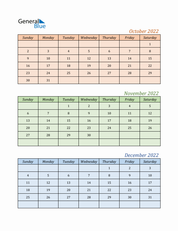 Three-Month Calendar for Year 2022 (October, November, and December)