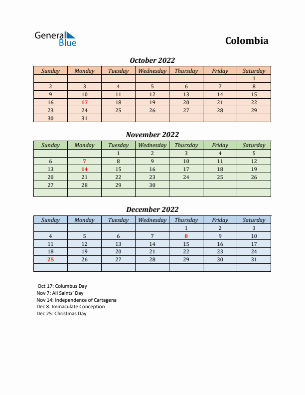 Q4 2022 Holiday Calendar - Colombia
