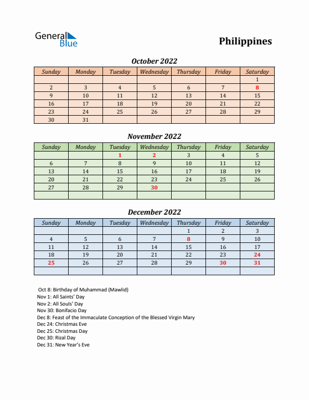 Q4 2022 Holiday Calendar - Philippines