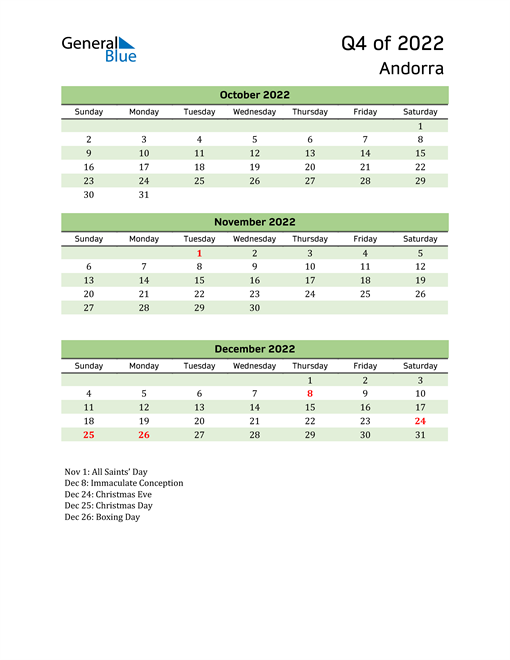  Quarterly Calendar 2022 with Andorra Holidays 