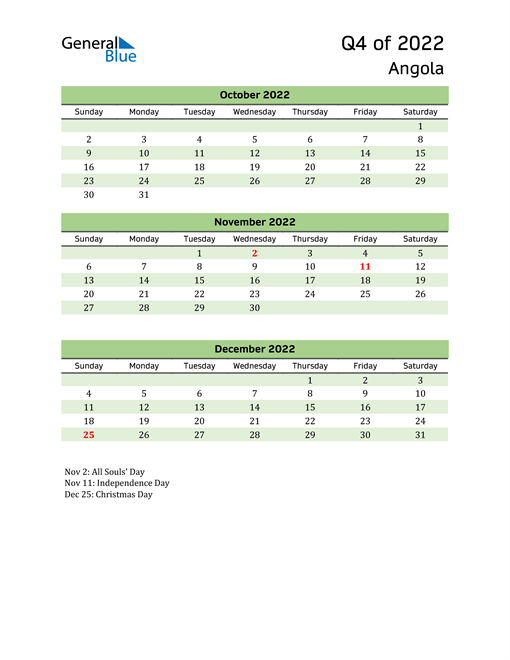  Quarterly Calendar 2022 with Angola Holidays 