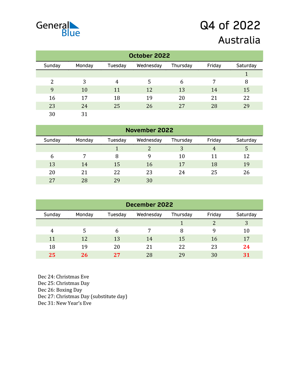  Quarterly Calendar 2022 with Australia Holidays 