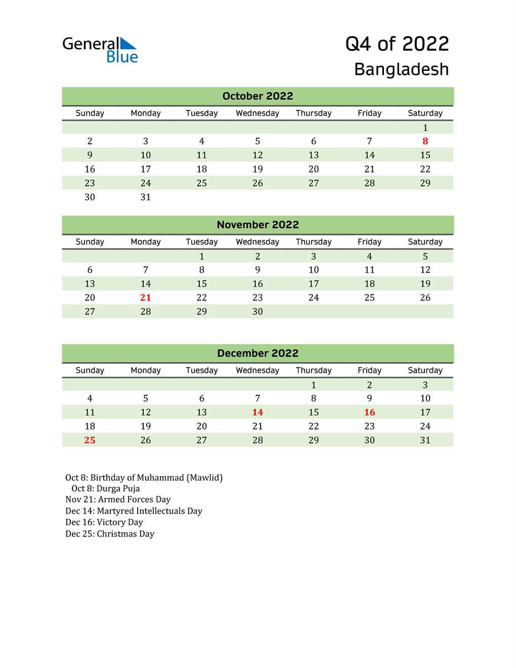  Quarterly Calendar 2022 with Bangladesh Holidays 