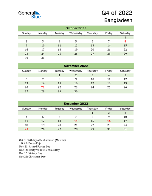  Quarterly Calendar 2022 with Bangladesh Holidays 
