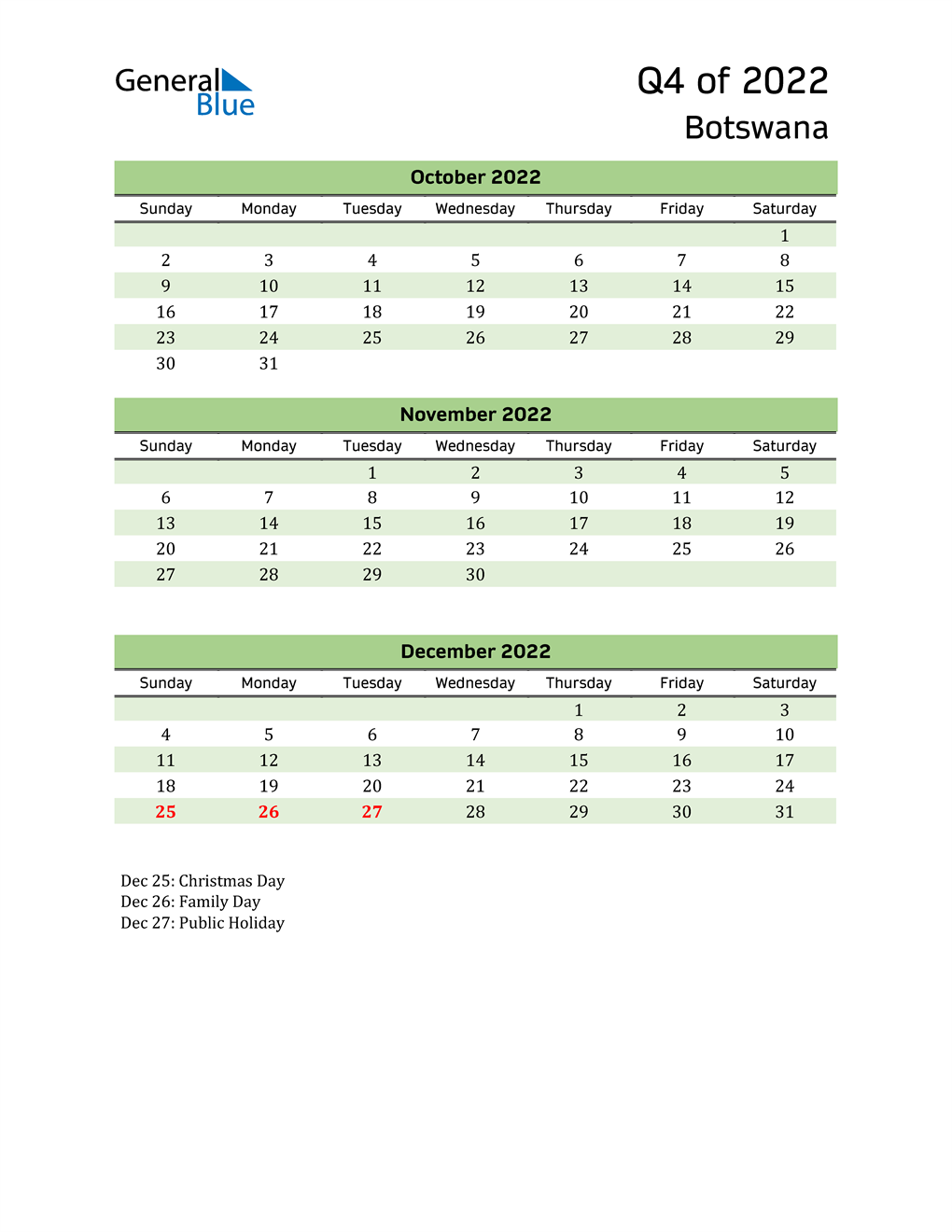  Quarterly Calendar 2022 with Botswana Holidays 