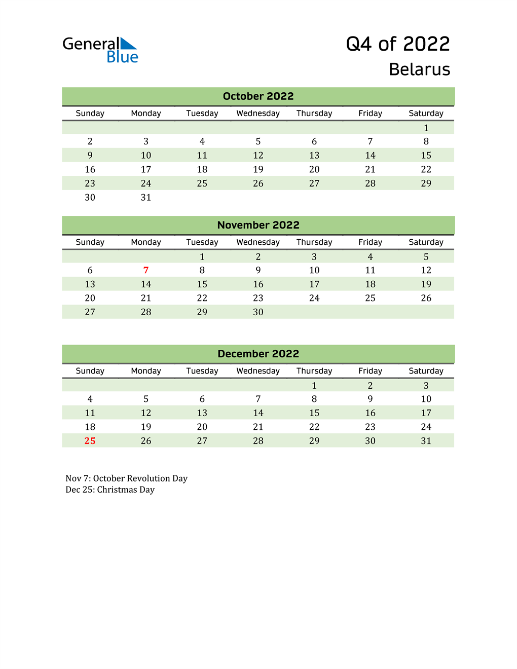  Quarterly Calendar 2022 with Belarus Holidays 