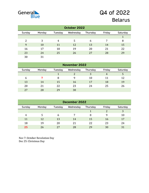  Quarterly Calendar 2022 with Belarus Holidays 
