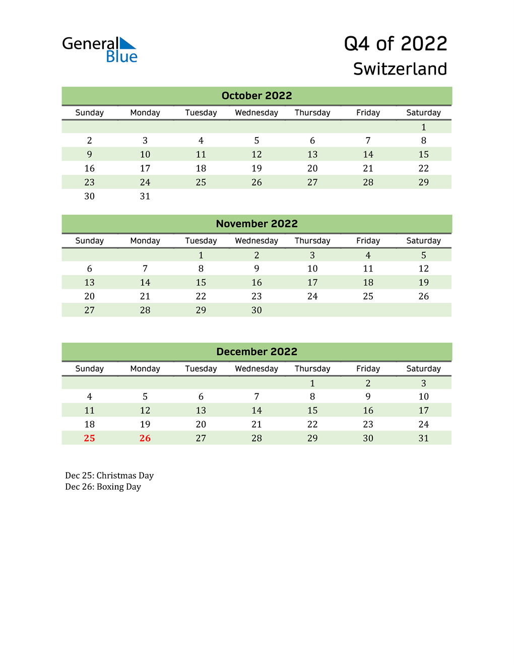  Quarterly Calendar 2022 with Switzerland Holidays 