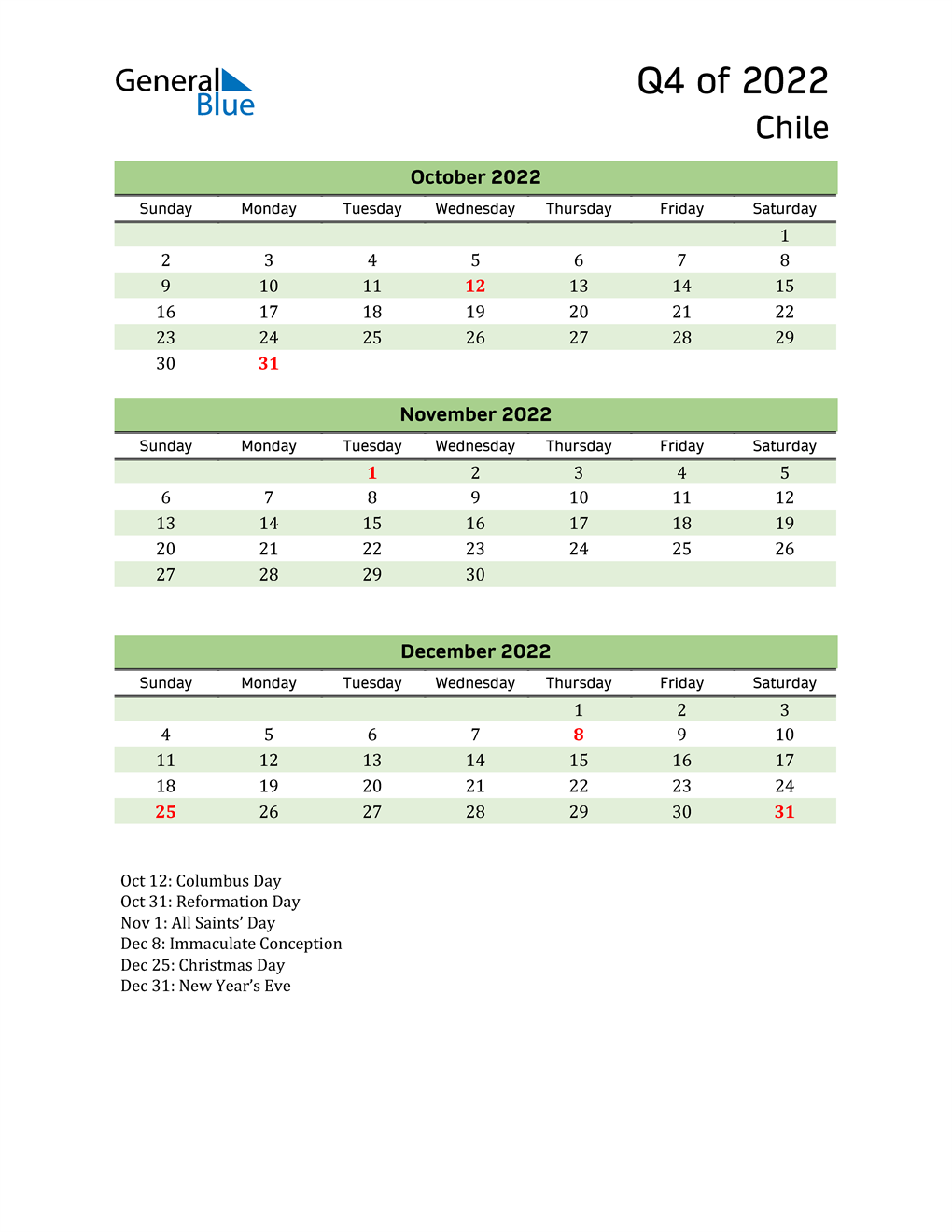  Quarterly Calendar 2022 with Chile Holidays 
